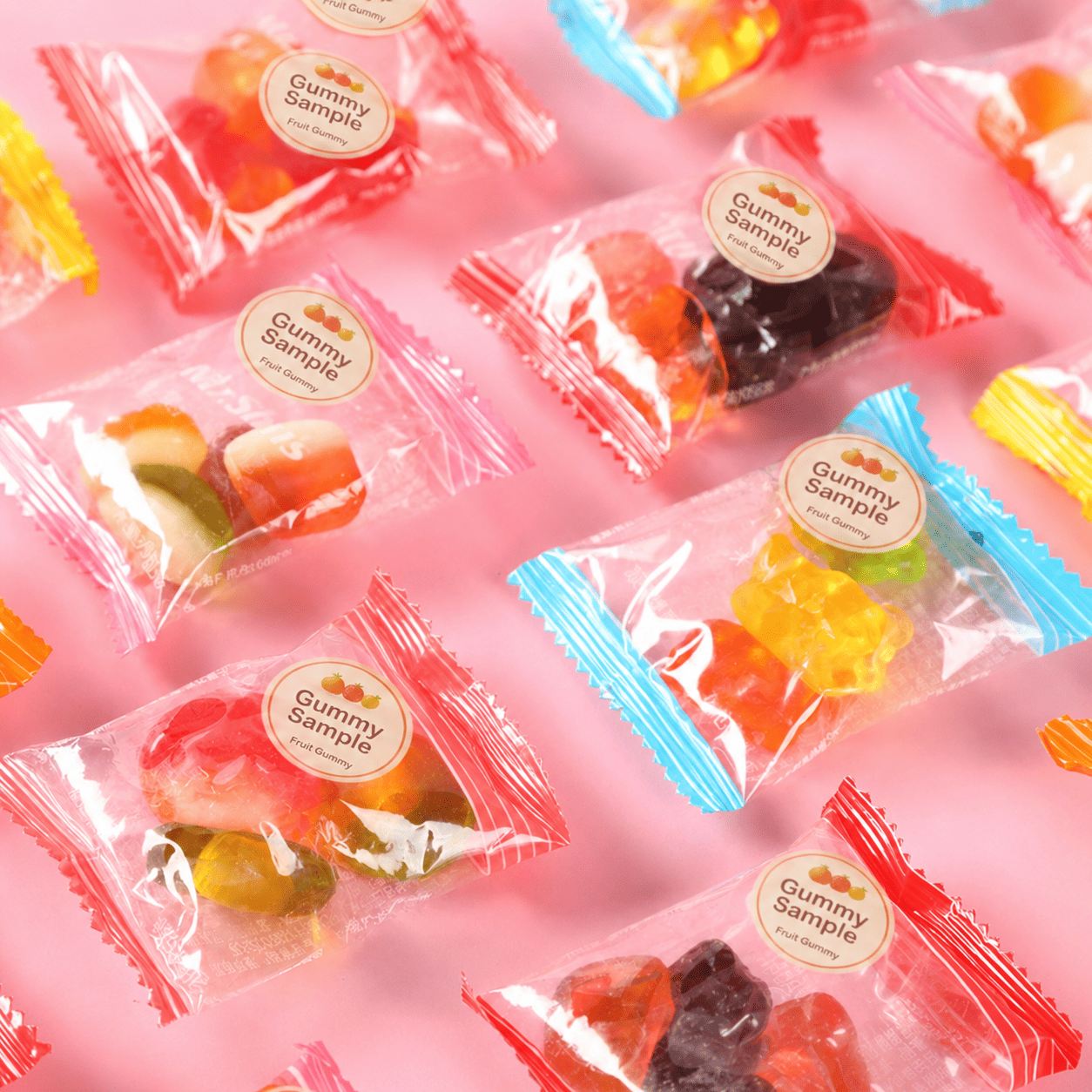 Transparent Gummy Packaging for Sample Packs Transparent gummy sample packaging with colorful sealed edges
