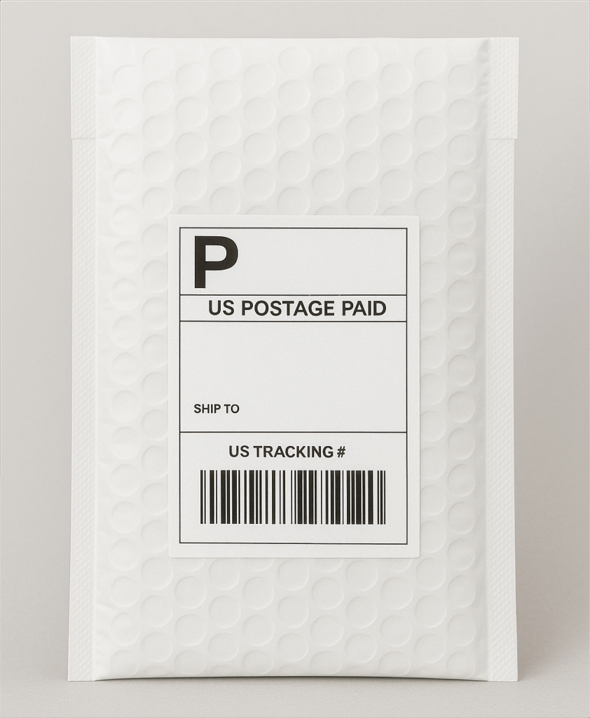 Shipping label applied on a white bubble mailer for eCommerce parcel shipping