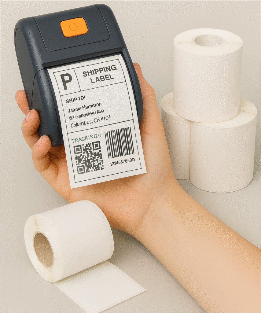 Mobile label printing for warehouse and logistics workflows with a handheld printer and label roll
