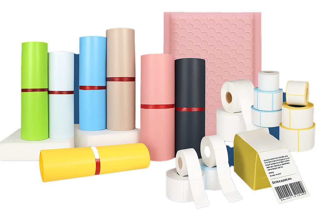 Shipping labels, poly mailers, bubble mailers, and warehouse label rolls.