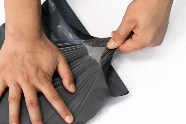 Hands pulling a poly mailer to demonstrate tear resistance and durability