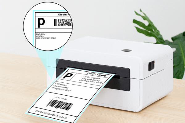 Desktop label printer producing a crisp, scannable shipping label with barcodes