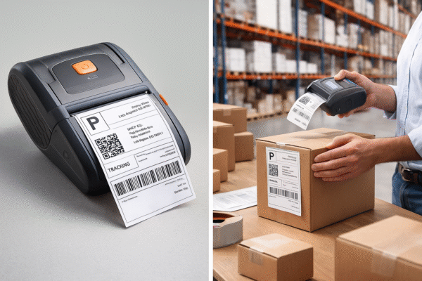 Courier logistics with handheld device printing parcel shipping labels