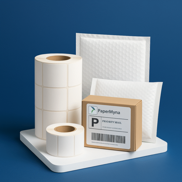 Logistics packaging set with blank label rolls, a shipping label on a carton, and bubble mailers on a studio background