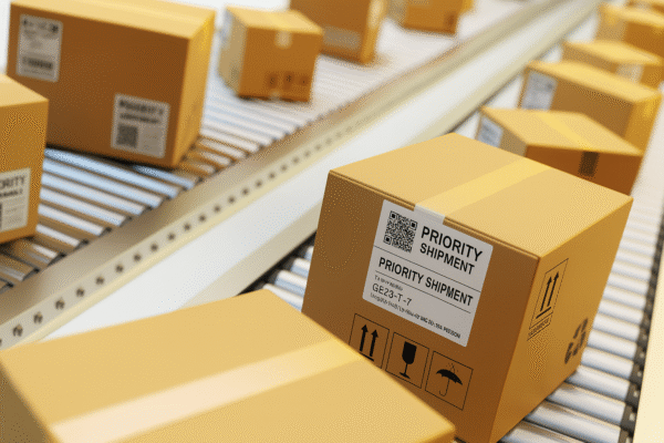 Parcel distribution hub conveyor with cartons and routing labels