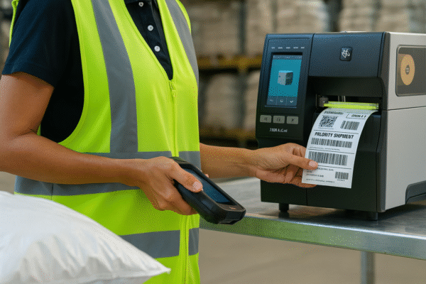 Ecommerce warehouse staff applying shipping labels to online orders
