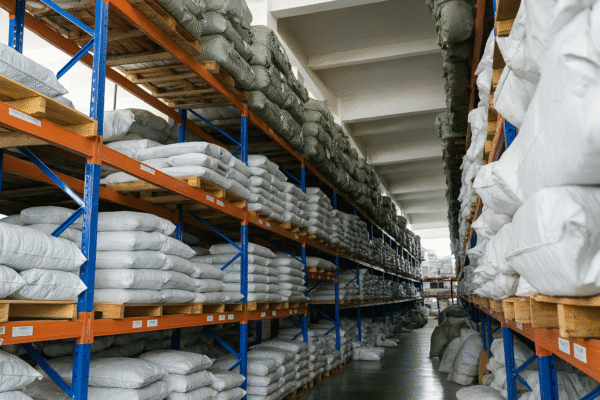 3PL warehouse racks with pallet and location logistics labels