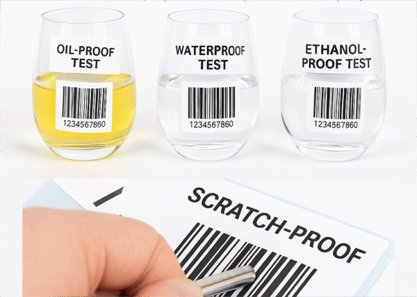 Shipping label durability test showing waterproof, oil-proof, ethanol-proof, and scratch-resistant performance