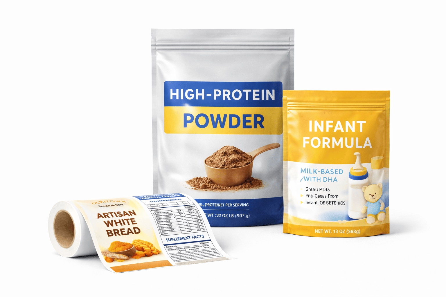 Flexible packaging pouches and rollstock film for dairy powders