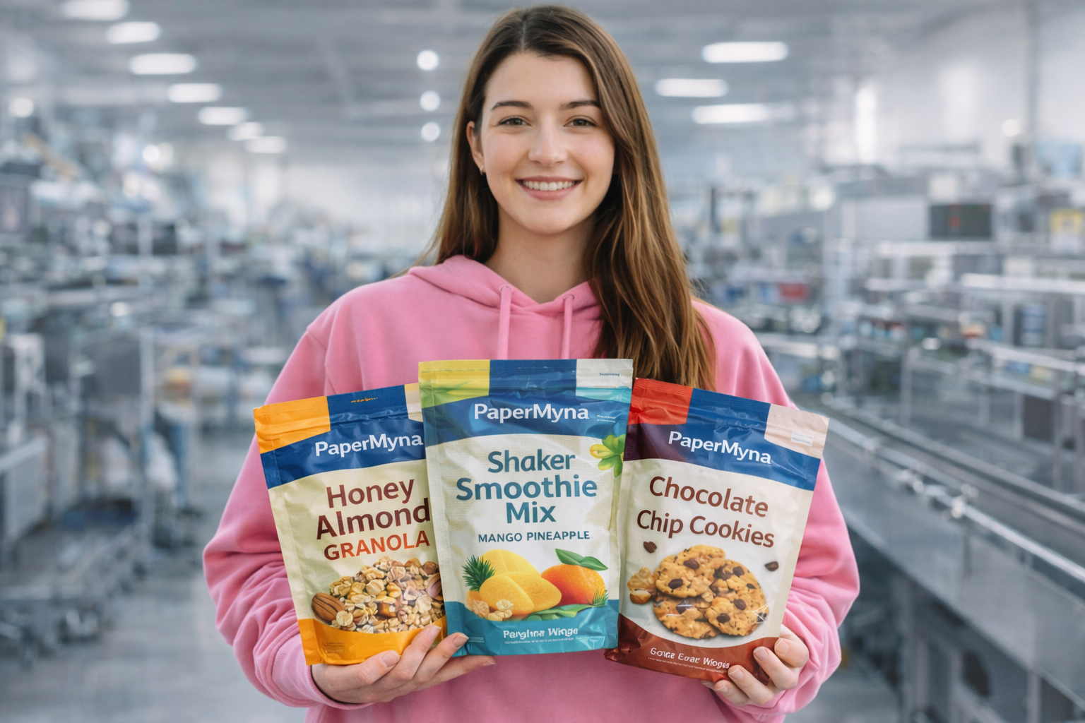 Food brand customer holding custom packaging pouches