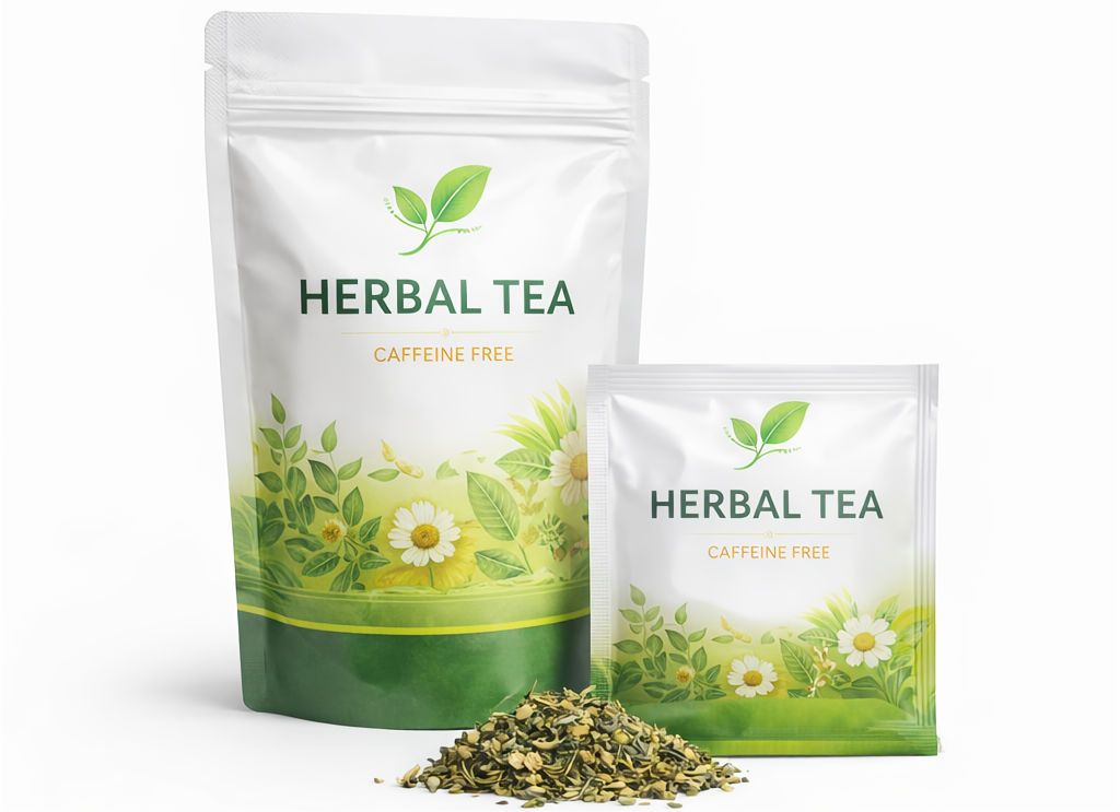 Herbal and functional tea packaging with foil-lined pouches for moisture and light protection