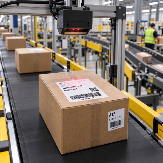 Automated parcel sorting line scanning logistics labels on cardboard cartons