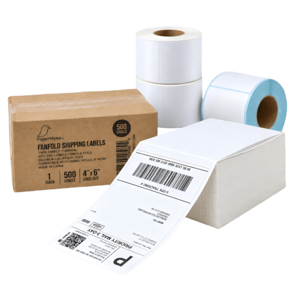 Custom logistics labels with fanfold shipping labels, direct thermal rolls and a blue liner roll