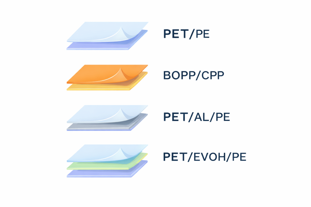 Material options for flexible packaging structures (PET/PE, BOPP/CPP, PET/AL/PE, PET/EVOH/PE)