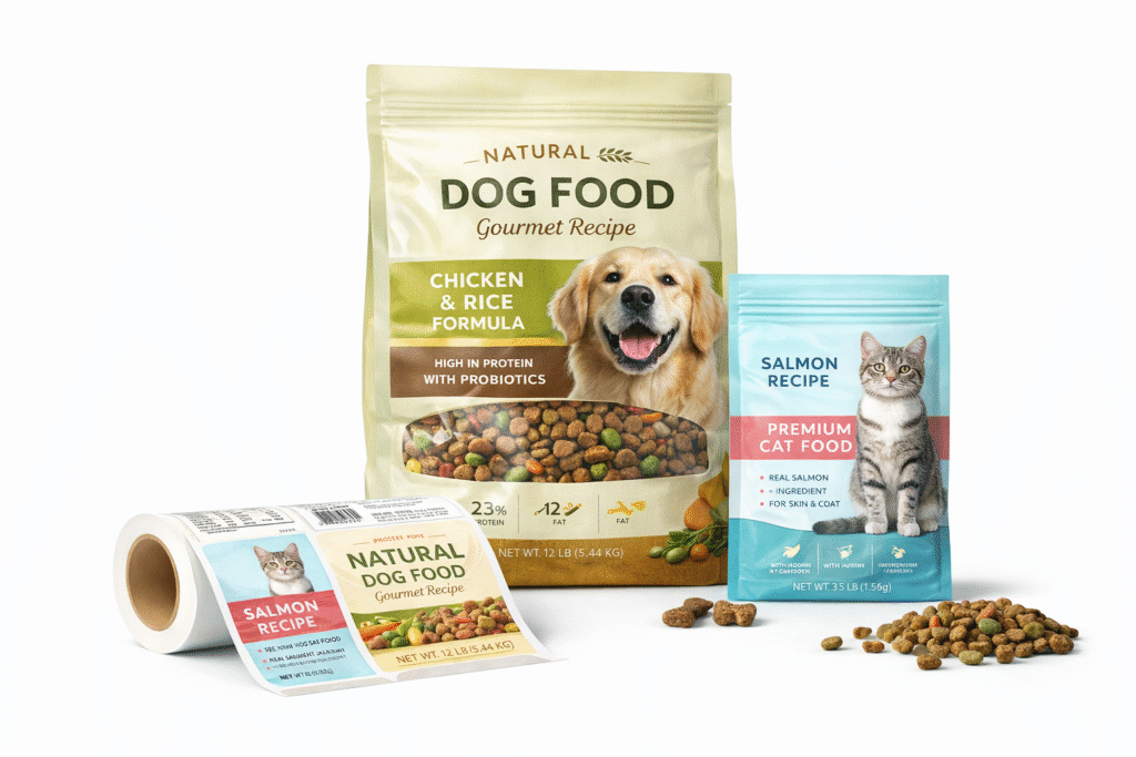 Pet food packaging and labels