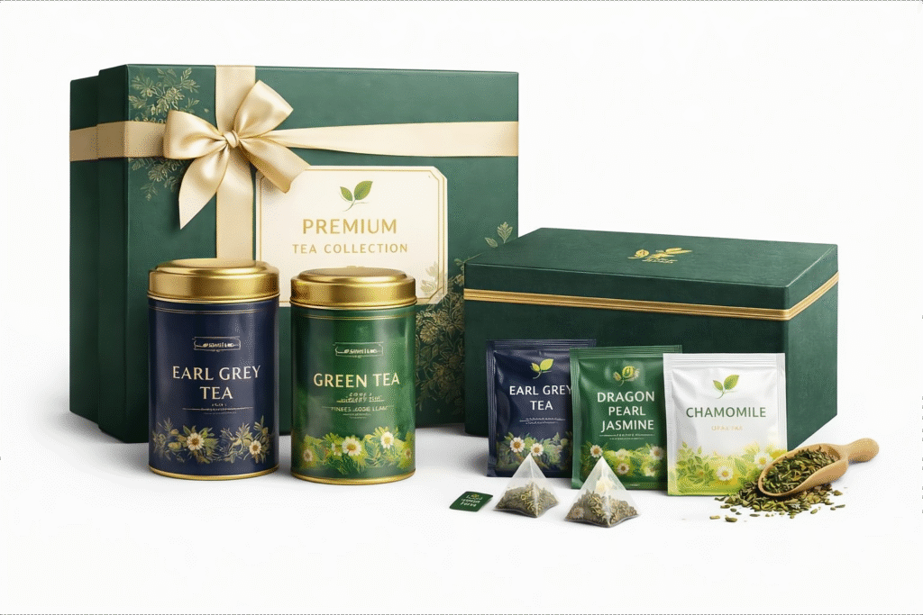 Premium and gift tea packaging box set with custom printed pouches and tins for retail presentation