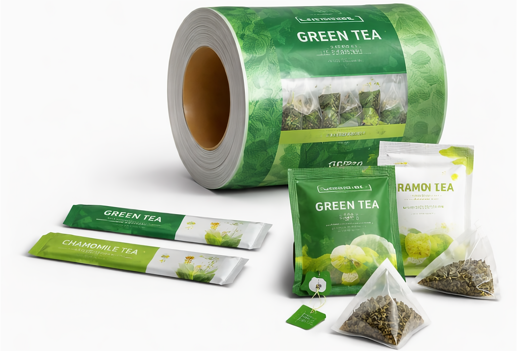 Tea bags and sachets packaging using rollstock film and stick pack formats for automated lines
