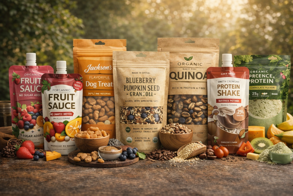 Assorted custom stand-up pouches for premium brands in a lifestyle product scene