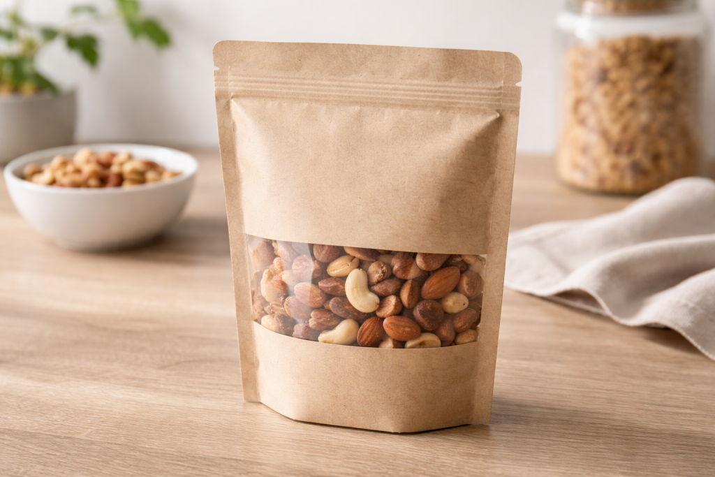 Kraft stand-up pouch with clear window showing snacks inside