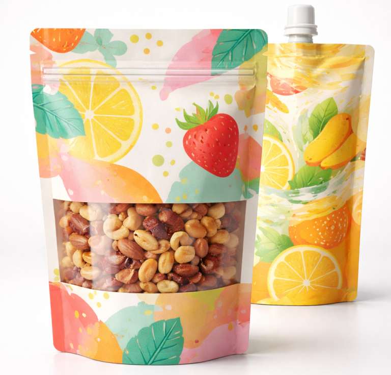 Colorful printed stand-up pouch with zipper, clear window, and spout pouch option
