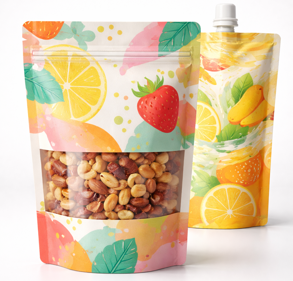 Colorful printed stand-up pouch with zipper, clear window, and spout pouch option