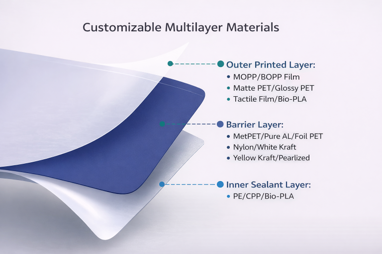 3-layer stand-up pouch material structure showing outer printed layer, barrier layer, and inner sealant layer