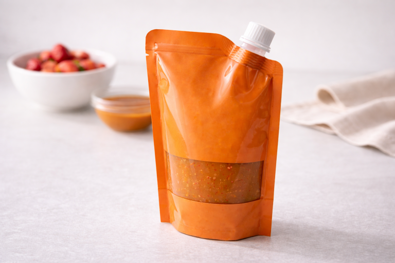 Spout pouch with screw cap for sauces, liquids, and semi-liquids