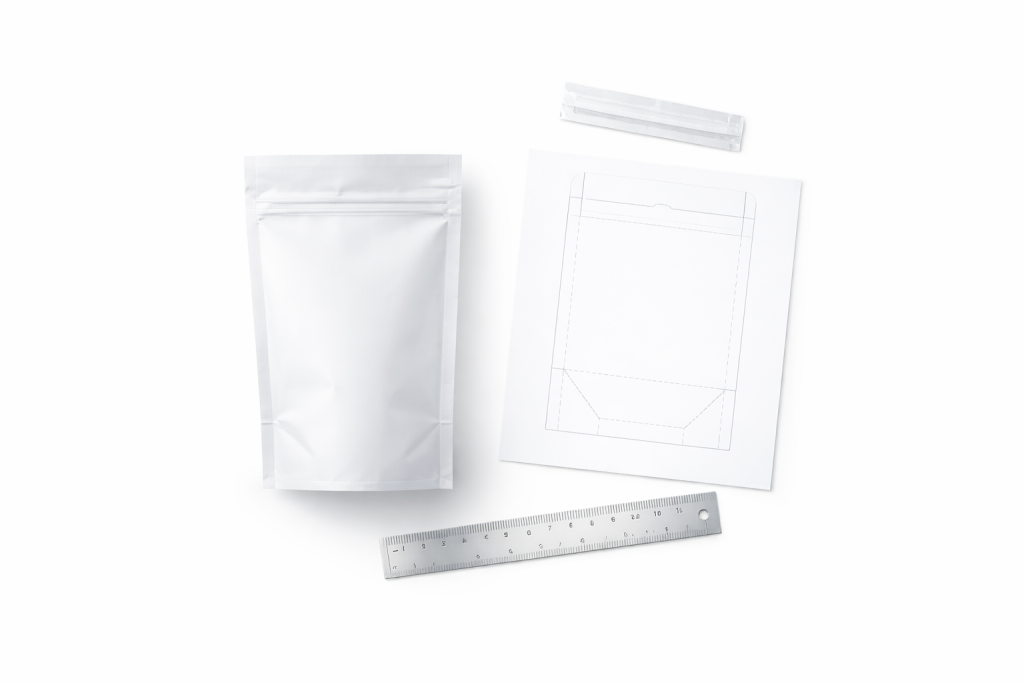 Stand-up pouch sample with size template and ruler for choosing size and options