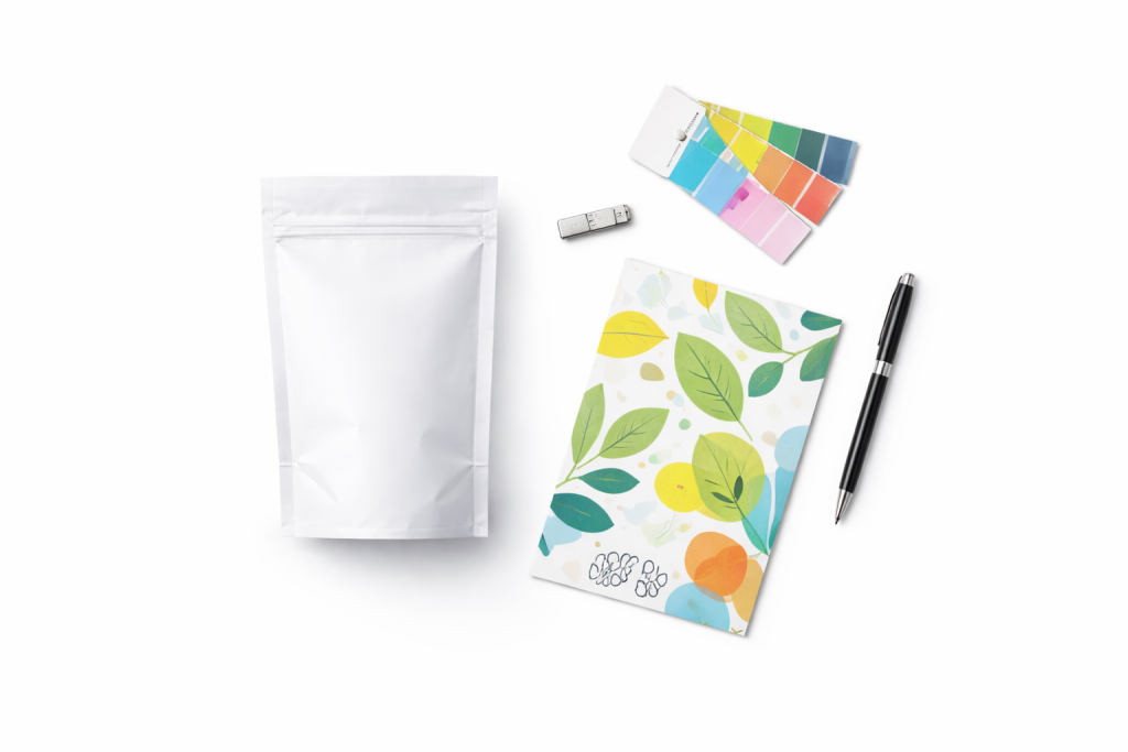 Printed pouch with magnifier and shipping box representing proof approval, production, and delivery