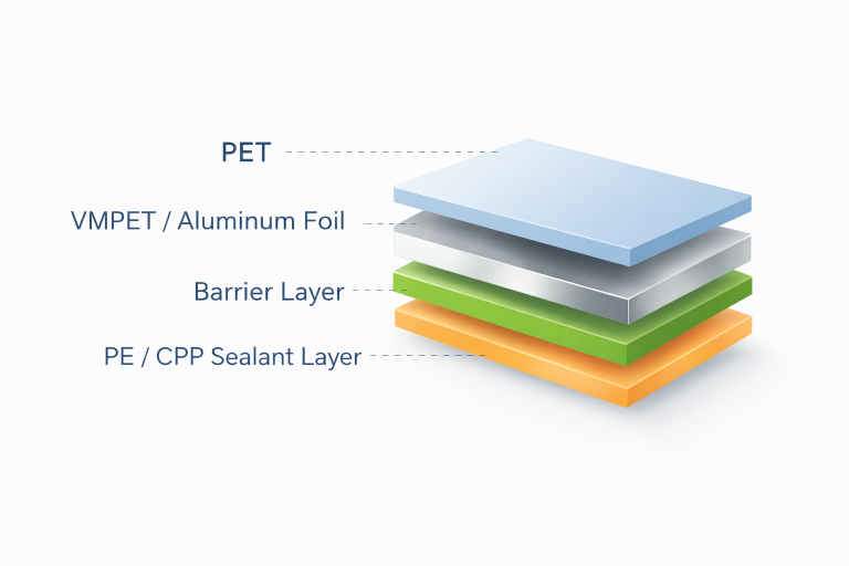 Rollstock film multilayer structure diagram showing PET, VMPET or aluminum foil, barrier layer, and PE CPP sealant layer