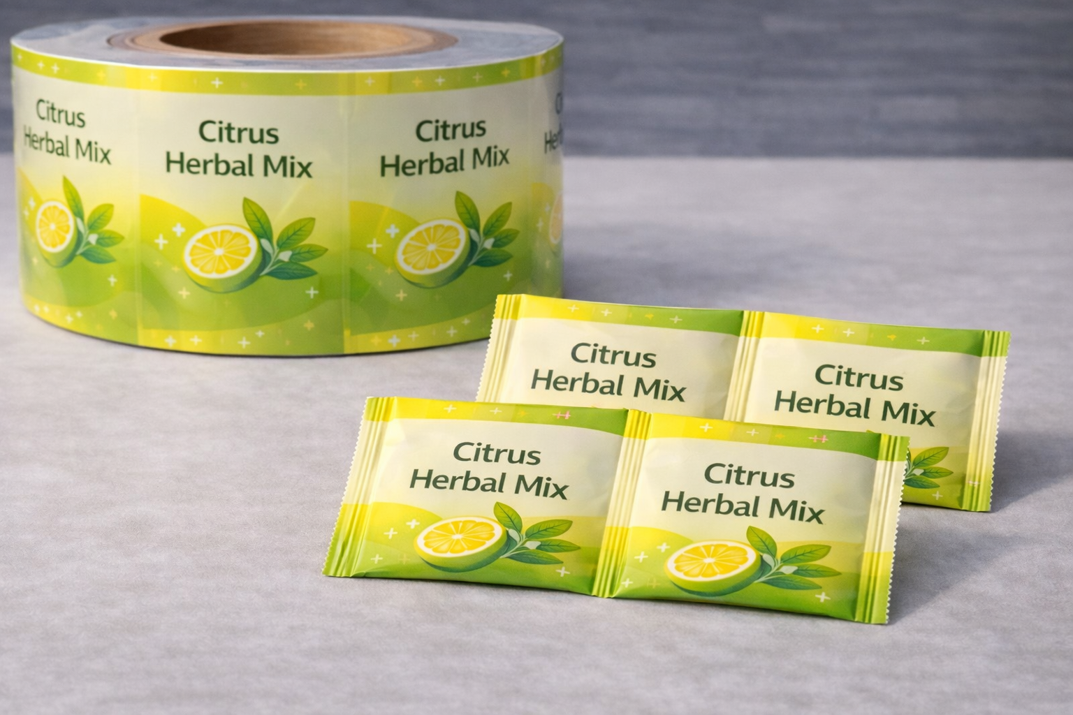 Custom printed sachets and rollstock film for citrus herbal drink mix packaging