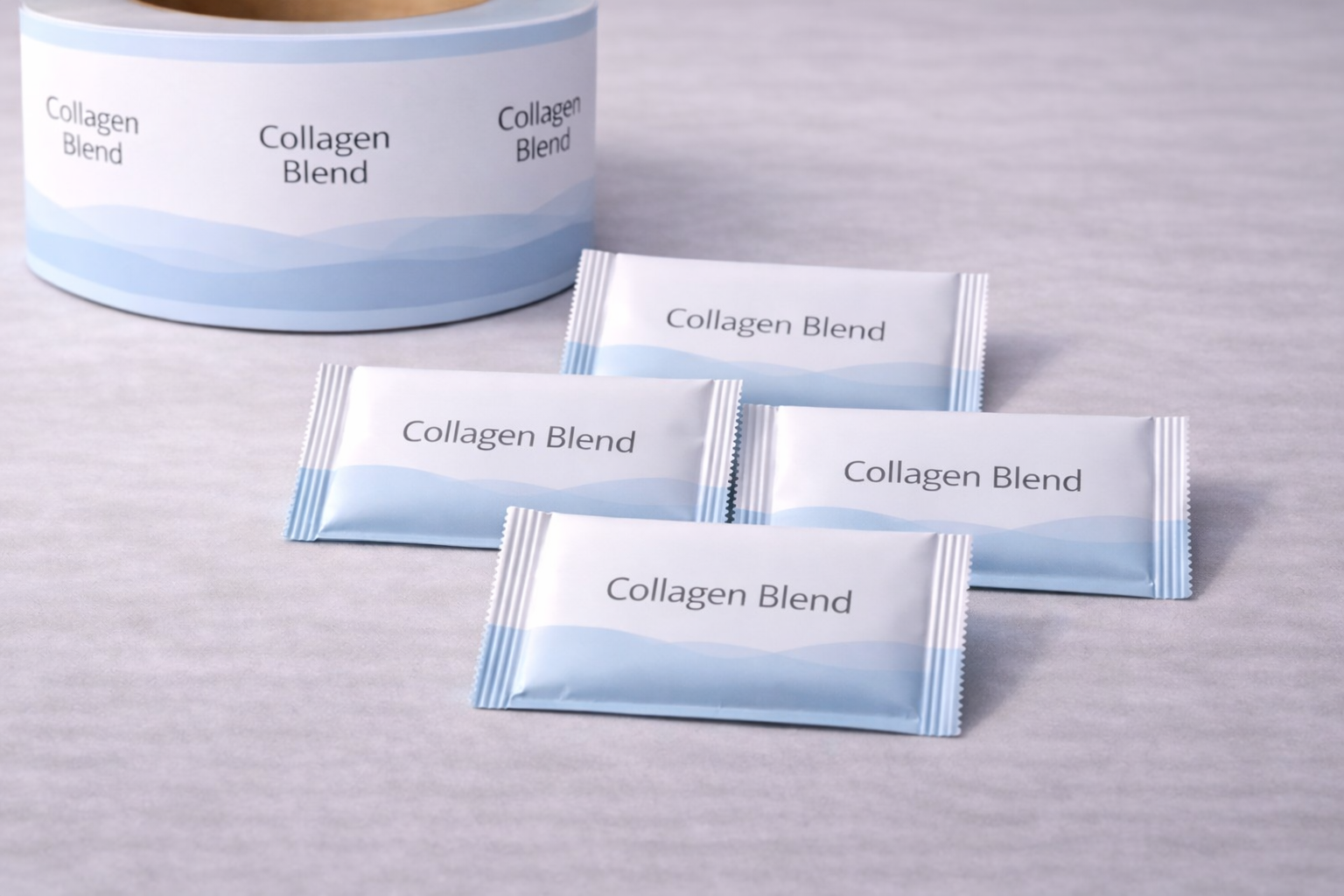 Collagen stick pack sachets made from custom printed rollstock film