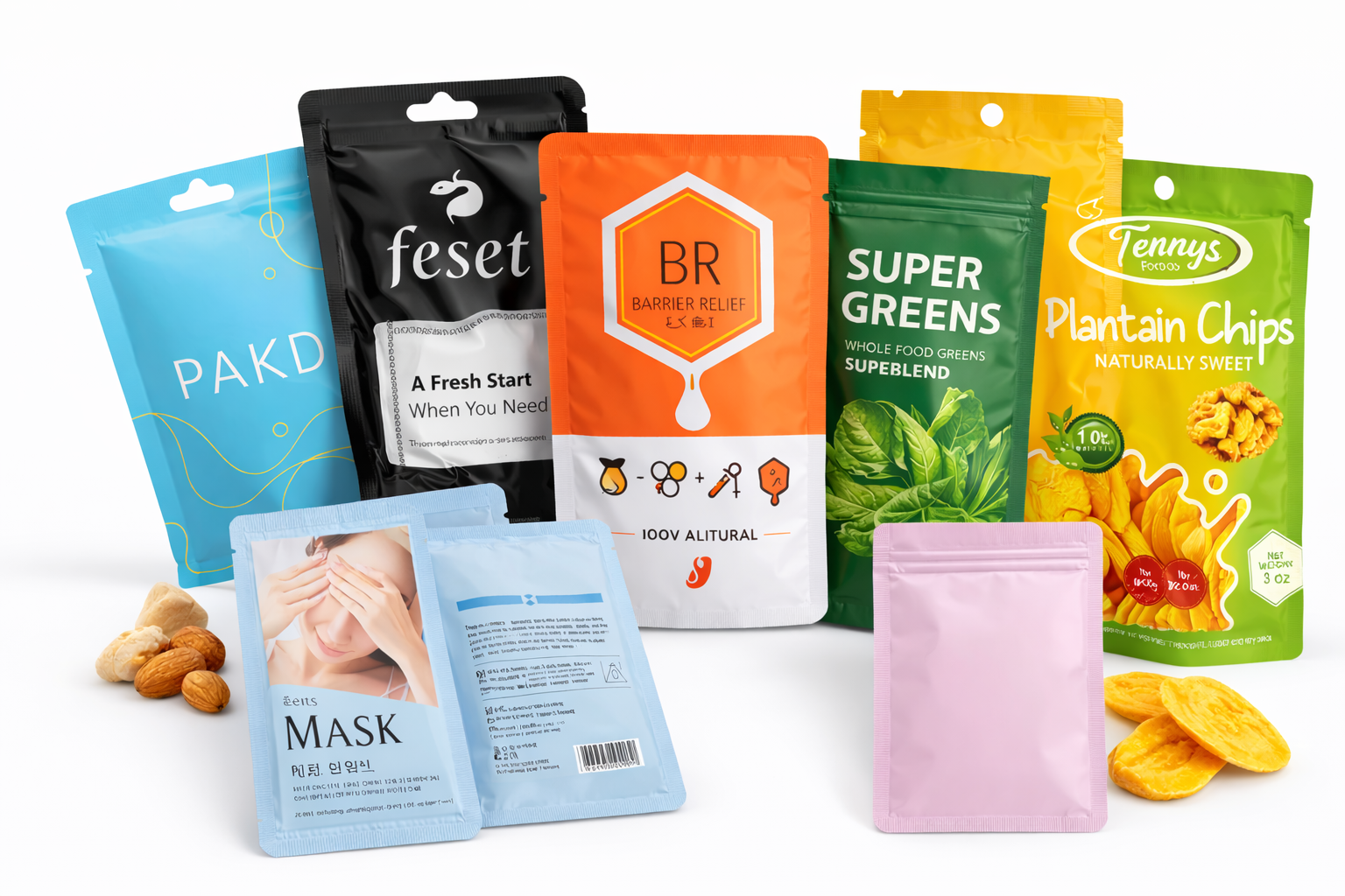 Custom flat pouch packaging in different styles for snacks, powders, beauty masks, and food products