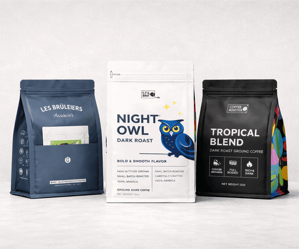 Flat bottom bag packaging in kraft, metallic, clear, and printed material options