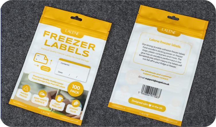 Front and back view of custom flat pouch packaging with hanging hole and printed surface