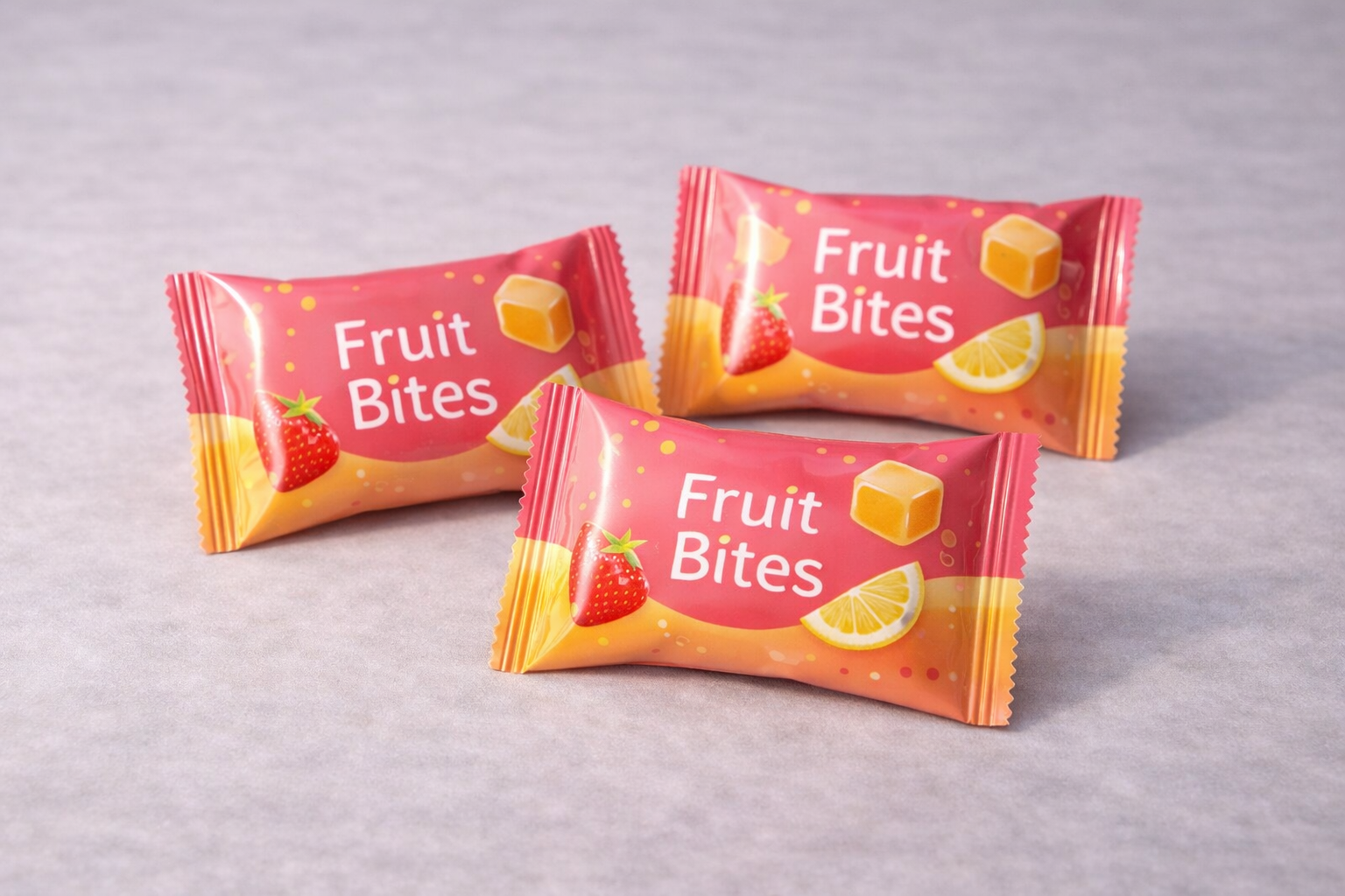Custom pillow pack packaging made from printed rollstock film for fruit bites snacks
