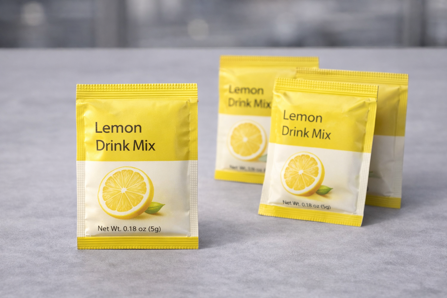 Custom sachet packaging for lemon drink mix made from printed rollstock film