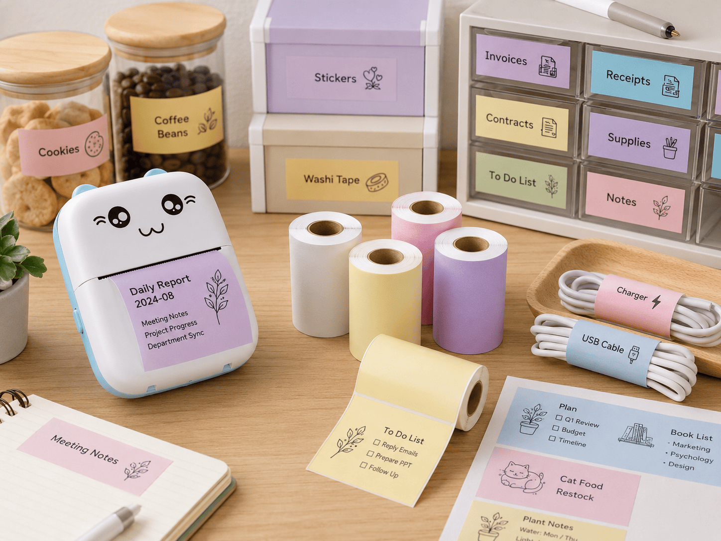 Mini printer sticker paper used for office organization and storage labels