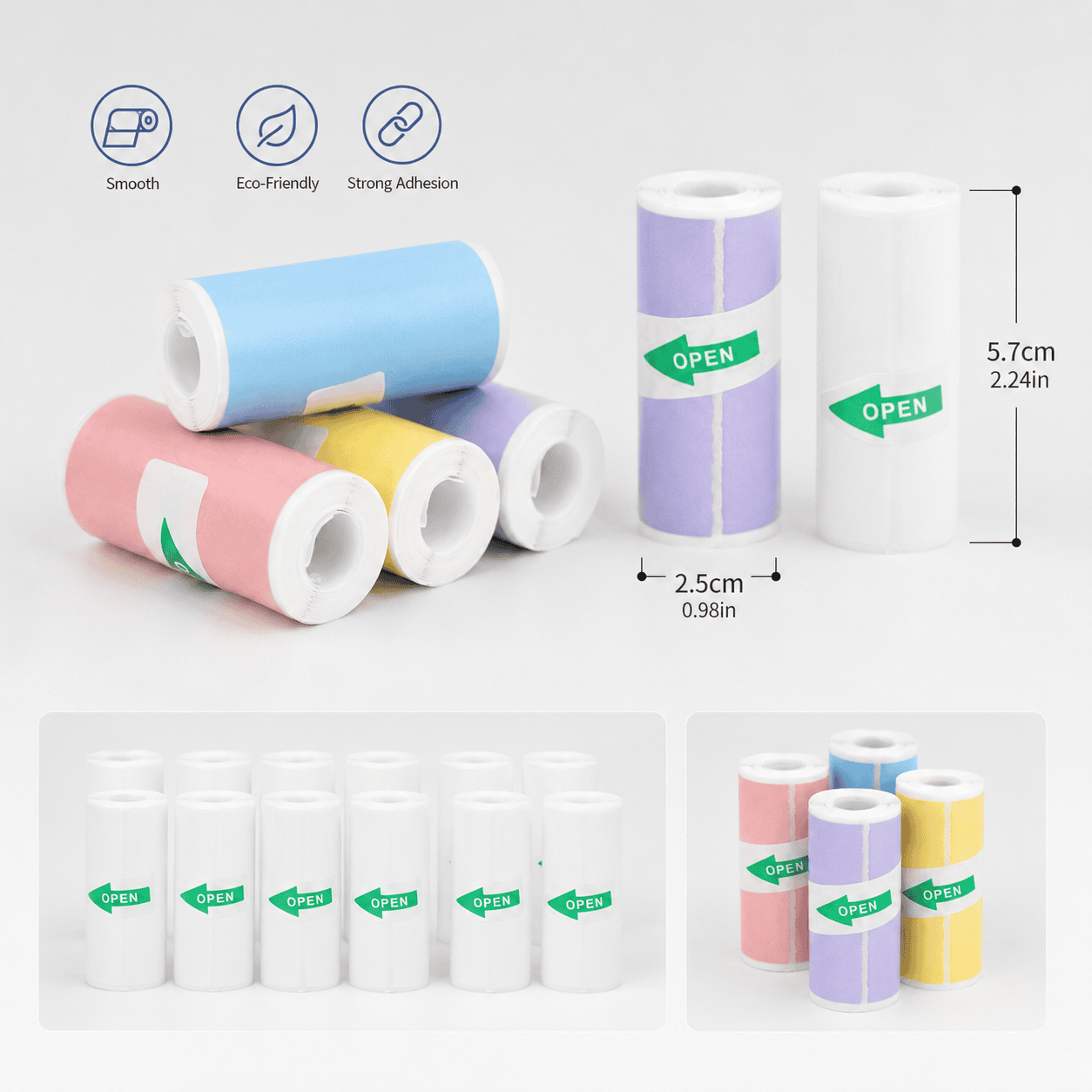 Mini thermal printer sticker paper rolls with 57mm size and color options