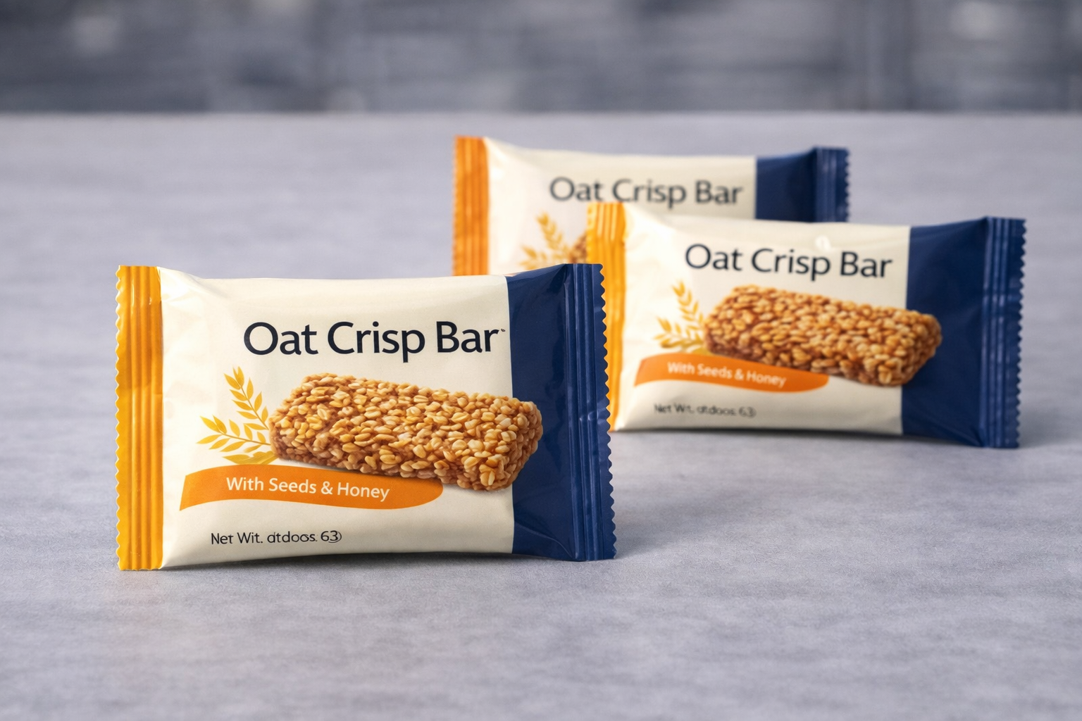 Custom flow wrap packaging for oat crisp bars made from printed rollstock film