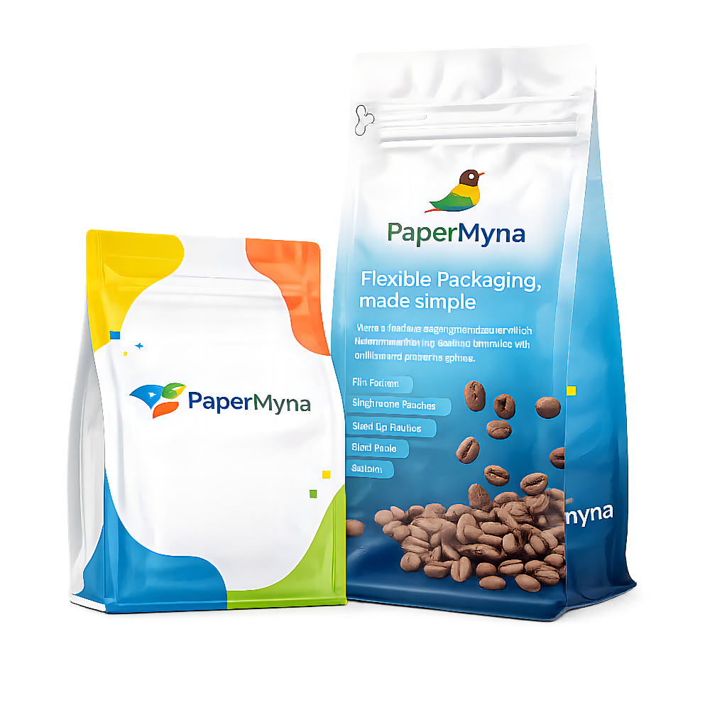 flat bottom pouch packaging featured image with realistic custom printed pouches