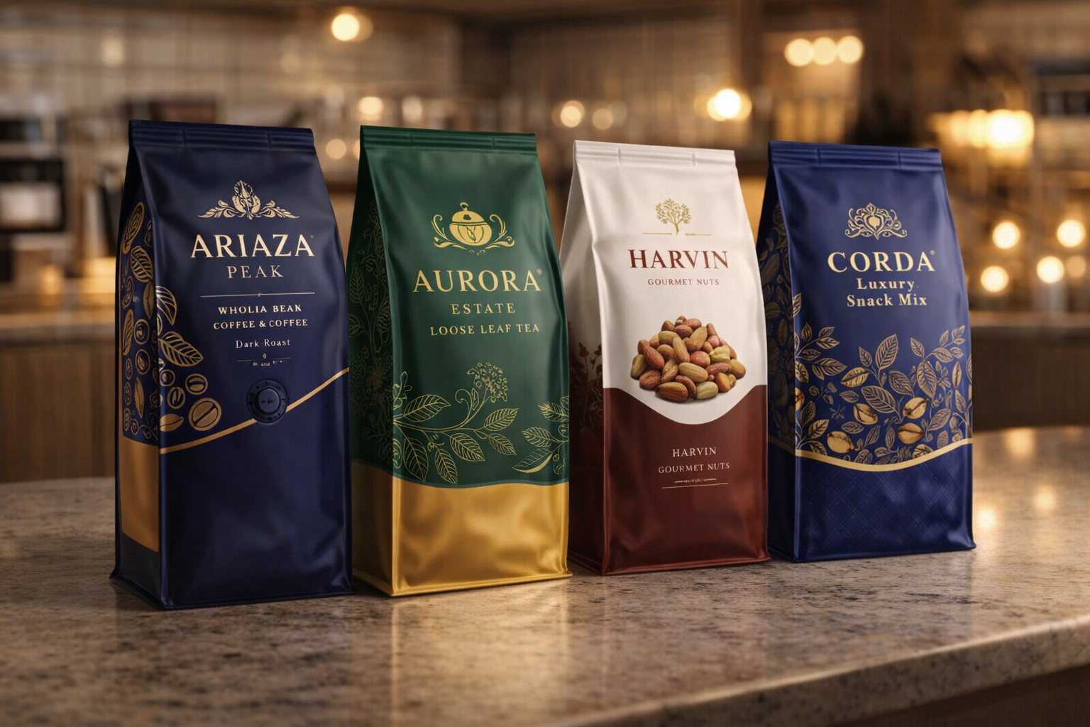 Quad seal bag packaging for coffee, tea, nuts, and snack products