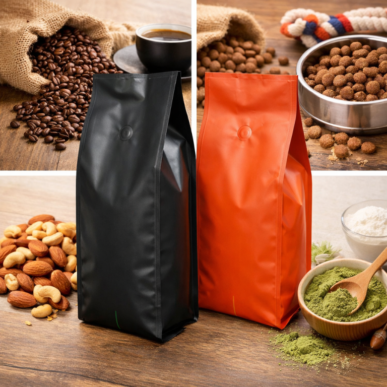 Quad seal bag applications for coffee, pet food, nuts, and powder packaging