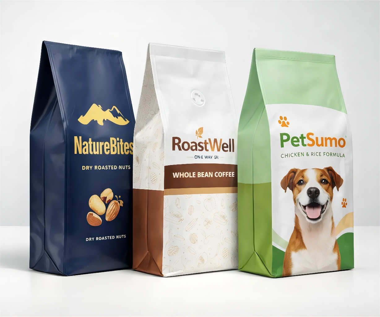 quad seal bag packaging with coffee snack and pet food applications