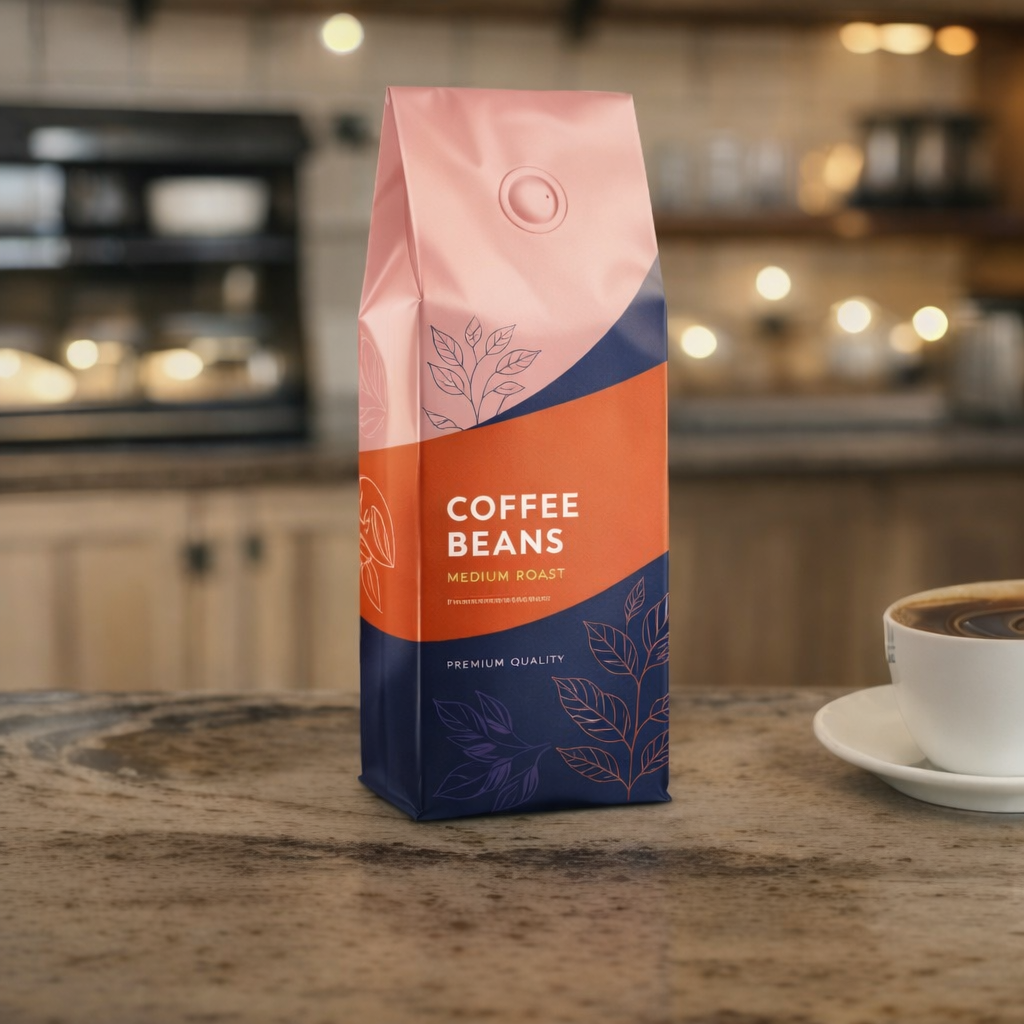 Quad seal coffee bag packaging displayed on a café counter