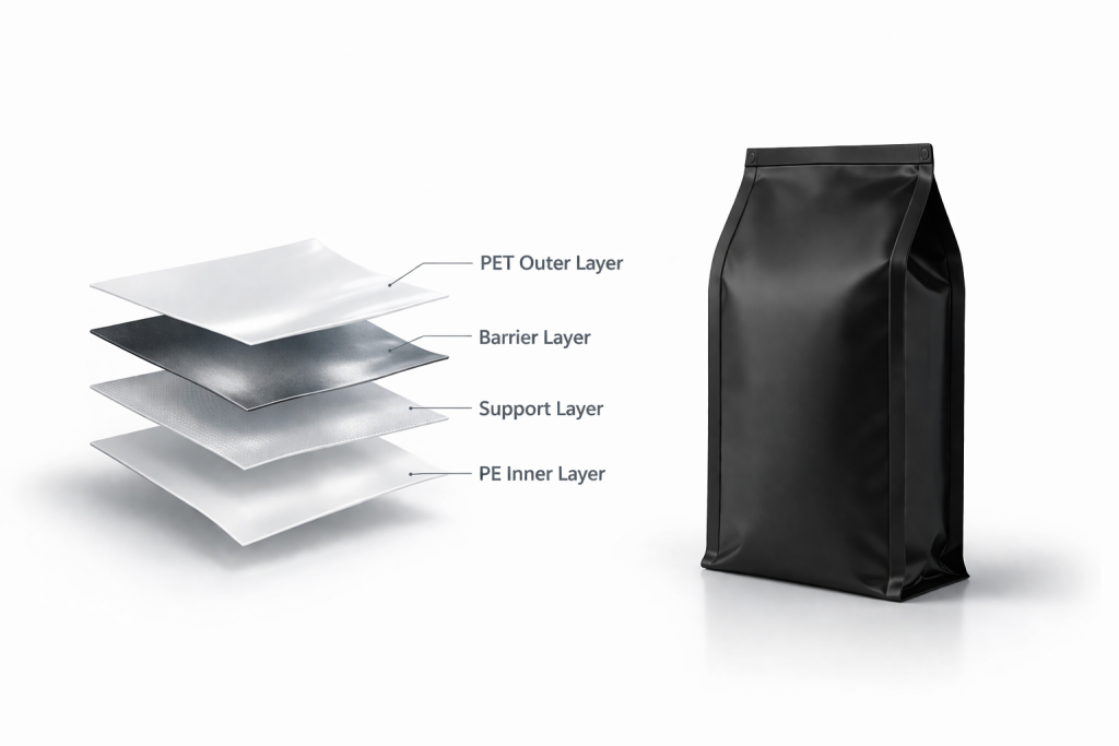 Quad seal pouch packaging material structure with PET outer layer barrier layer support layer and PE inner layer