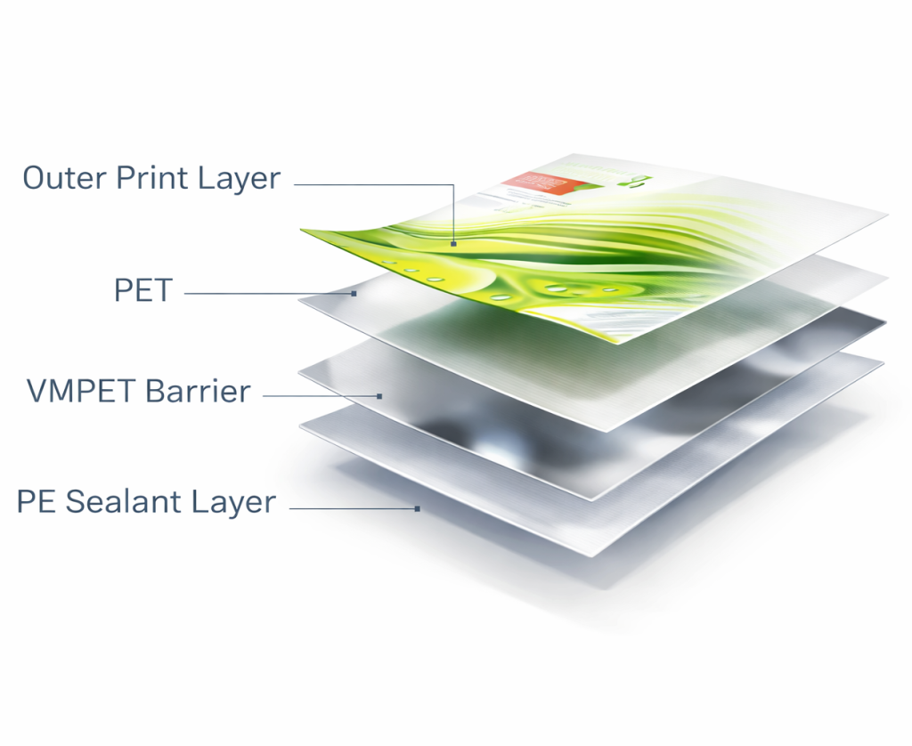 Exploded rollstock film structure showing outer print layer PET VMPET barrier and PE sealant layer