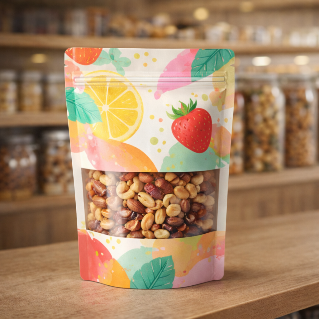Printed stand up pouch filled with mixed nuts on a retail shelf