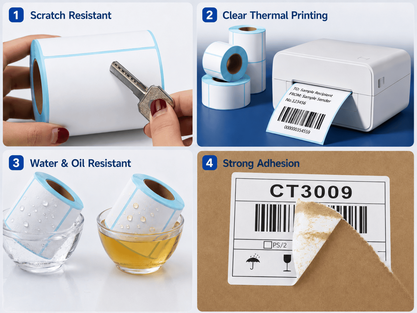 Thermal label features including scratch resistance, clear thermal printing, water and oil resistance, and strong adhesion