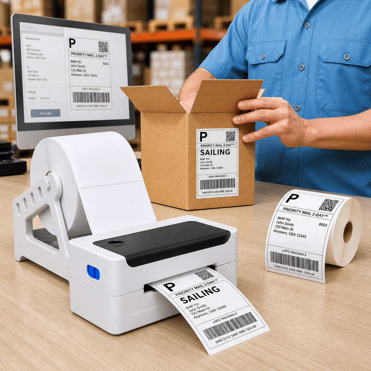 Thermal label printer printing shipping labels for warehouse packaging
